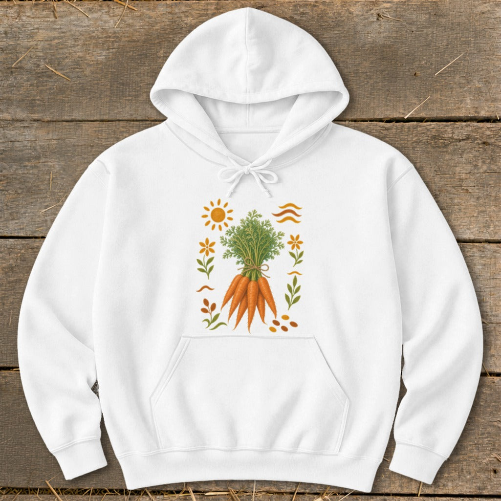 White hoodie with a graphic of carrots, sun, flowers, and leaves.