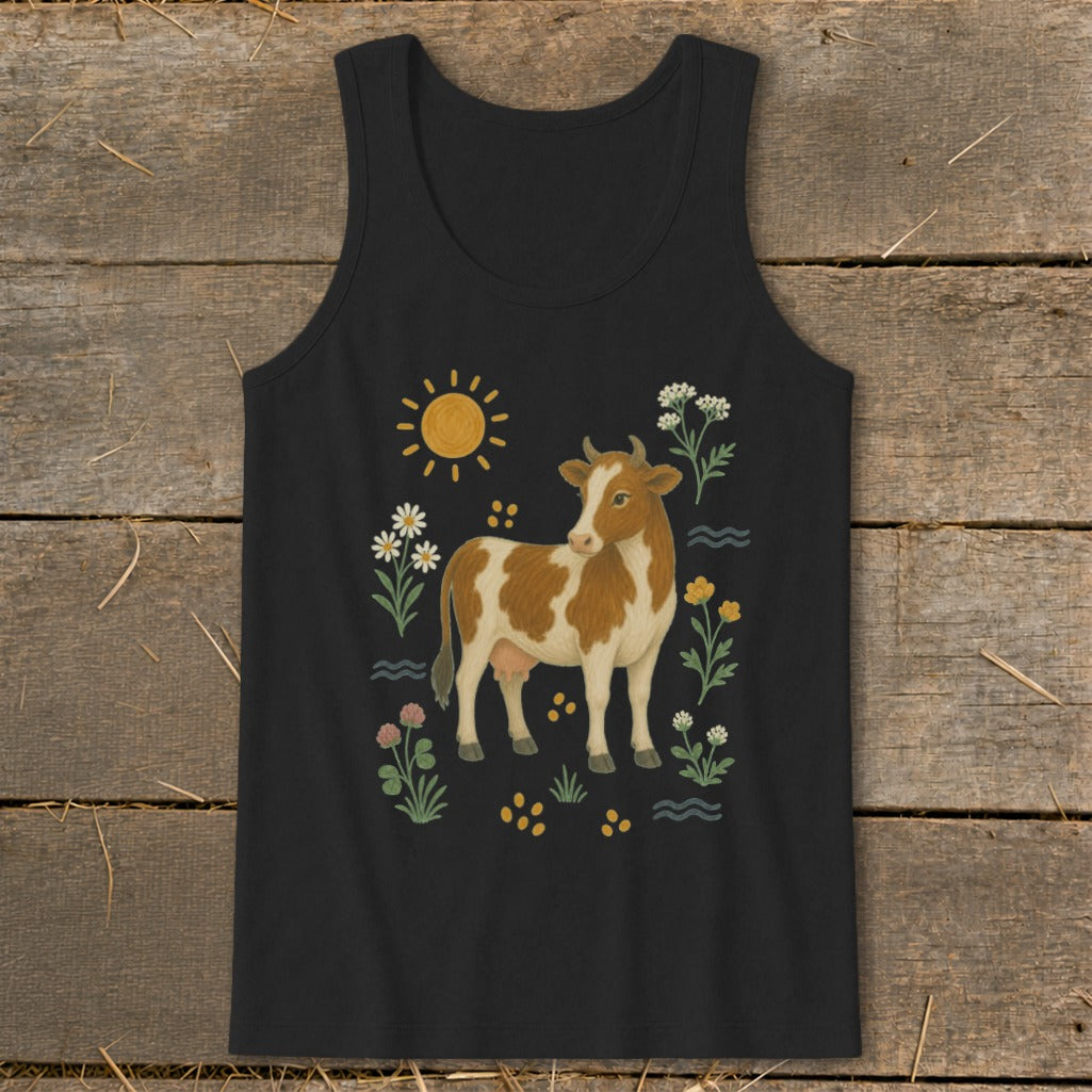 Brown and white cow with flowers and sun graphic on black tank top.