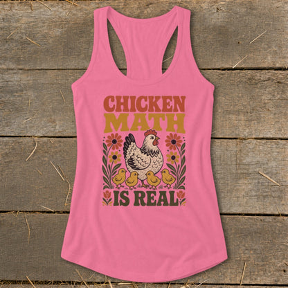 Pink tank top with "Chicken Math Is Real" text and chicken family graphic.