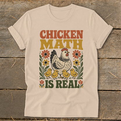 T-shirt with "CHICKEN MATH IS REAL" text, a hen, and four chicks.