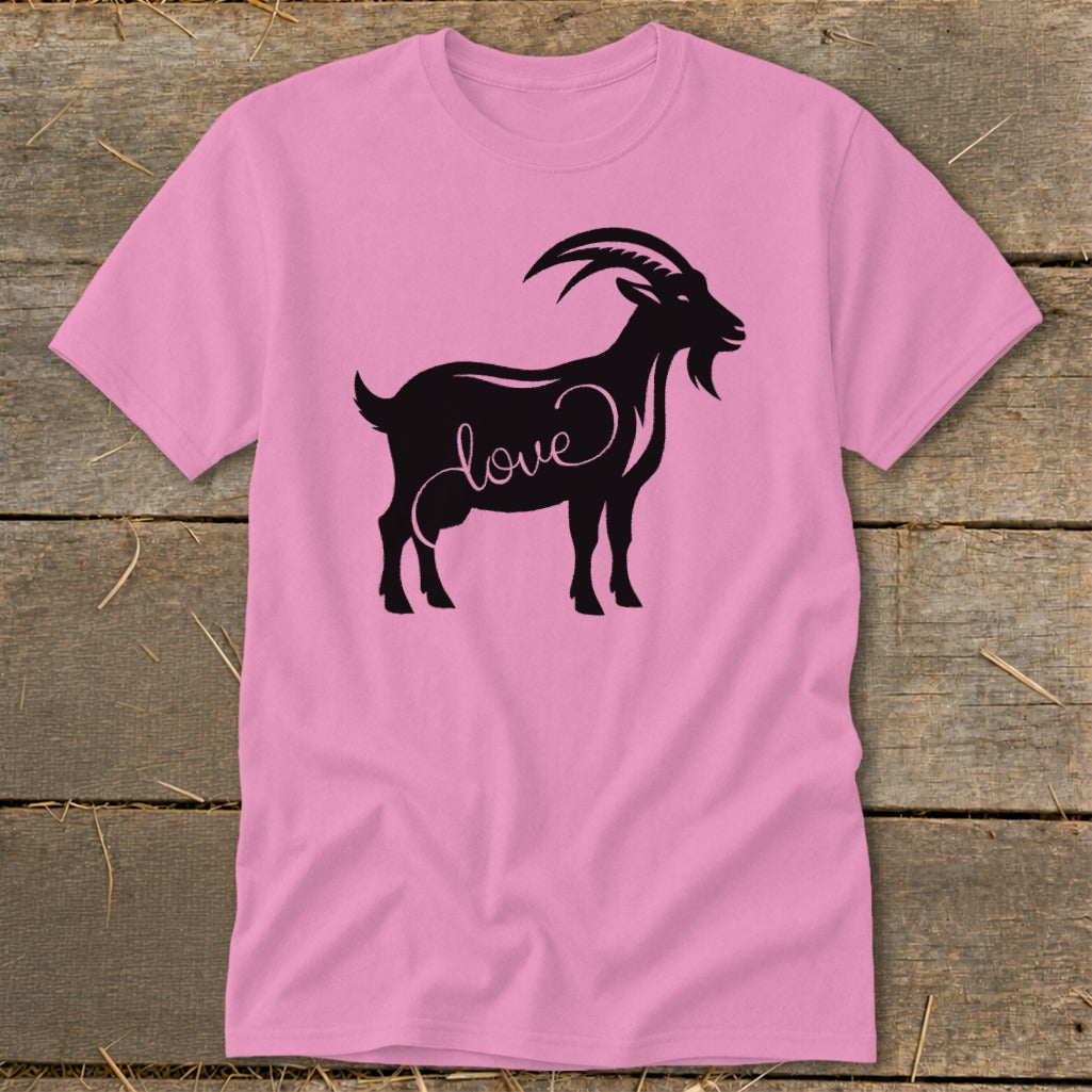 Pink t-shirt with black silhouette of a goat with the word "love" inscribed.