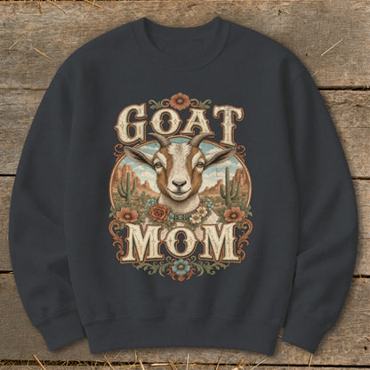 Goat Mom graphic with desert scene and decorative flowers.