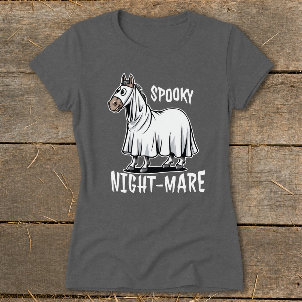 Horse in ghost costume with "Spooky Night-Mare" text.