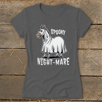 Horse in ghost costume with "Spooky Night-Mare" text.