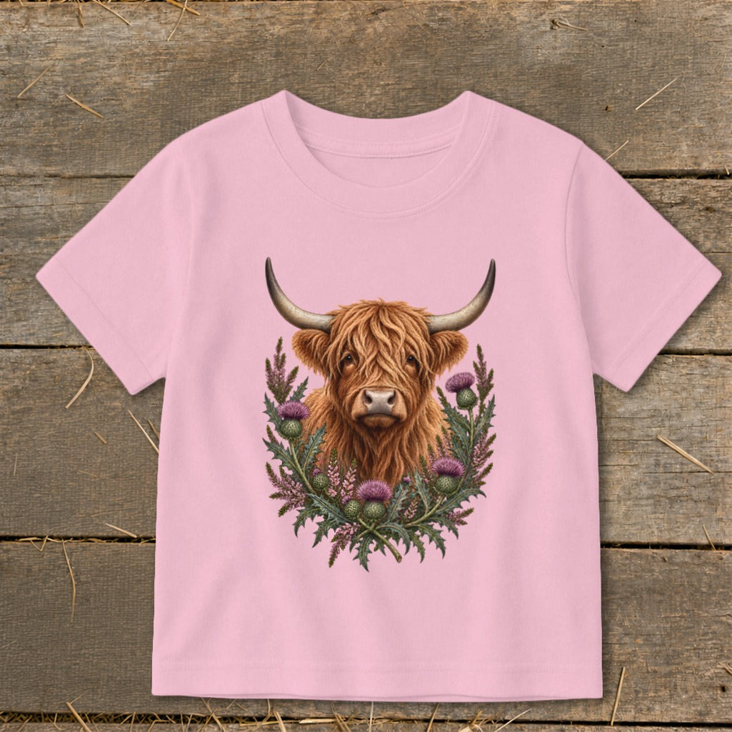 Pink t-shirt with Highland cow and thistles graphic design.