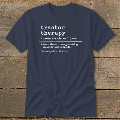 Dark blue t-shirt with "Tractor Therapy" definition print.