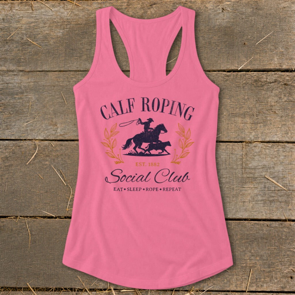 Pink tank top with Calf Roping Social Club design featuring a cowboy and calf graphic.