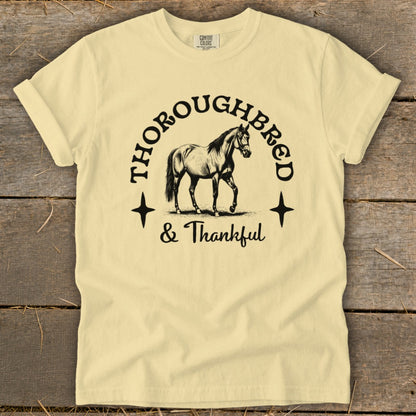 Pale yellow t-shirt with "Thoroughbred & Thankful" text and horse graphic.