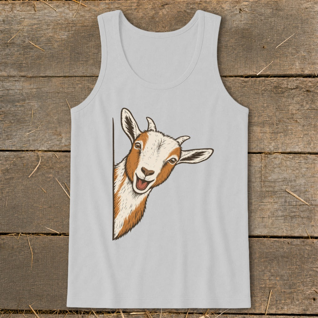 Grey tank top with illustration of a peeking goat on the left side.