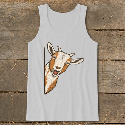 Grey tank top with illustration of a peeking goat on the left side.