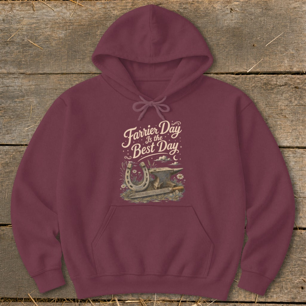Maroon hoodie with a graphic of a horseshoe, anvil, and "Farrier Day Is the Best Day" text.