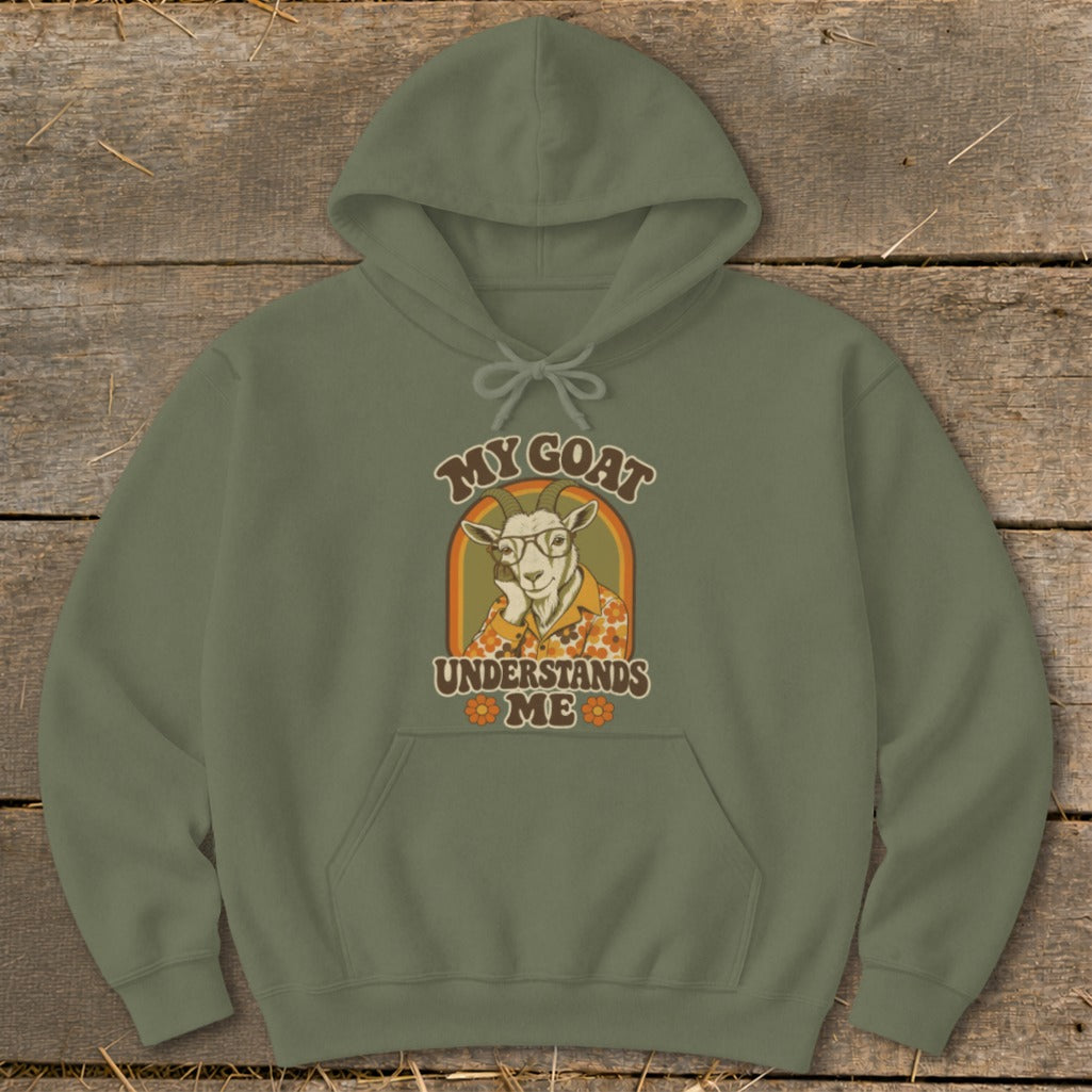 Olive green hoodie with graphic of a goat wearing glasses and shirt, text "My Goat Understands Me".