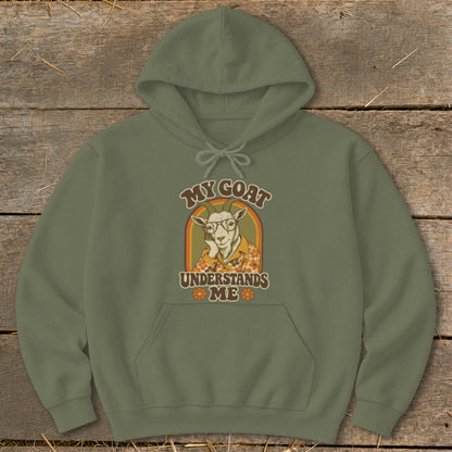 Olive green hoodie with graphic of a goat wearing glasses and shirt, text "My Goat Understands Me".