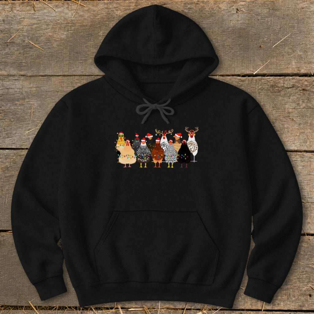 Black hoodie featuring a line of festive chickens wearing Santa hats and Christmas lights.