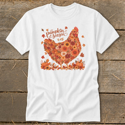 White t-shirt with a chicken made of flowers and leaves, "Pumpkin Season" text.