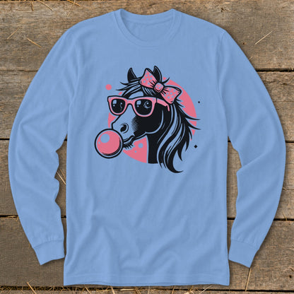Graphic of a black horse wearing pink sunglasses and a pink bow, blowing pink bubble gum.