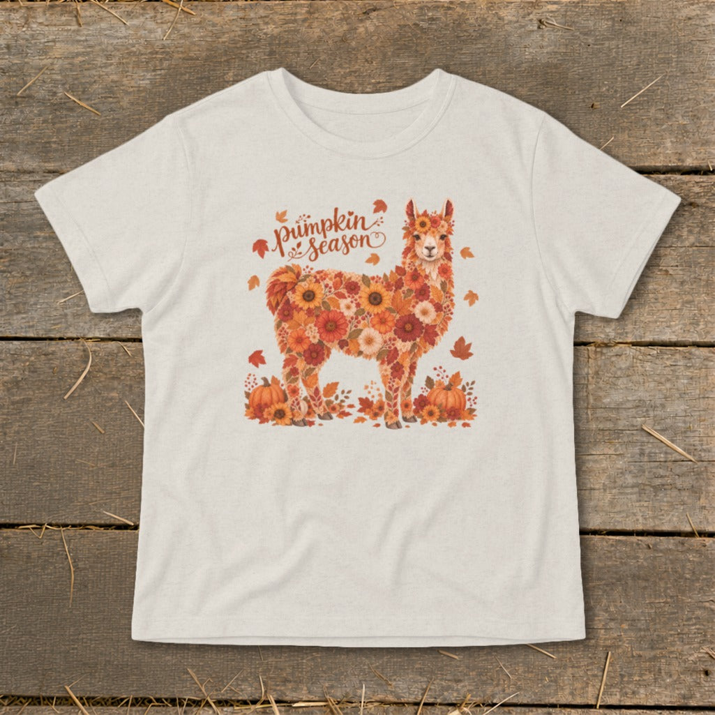 Llama made of autumn flowers and leaves with "Pumpkin Season" text.