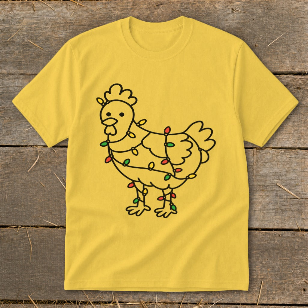 Yellow t-shirt with a black outline drawing of a chicken wrapped in colorful Christmas lights.