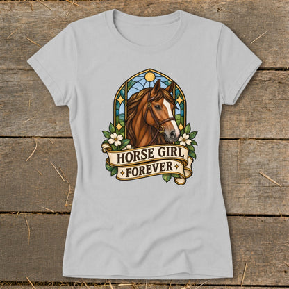 Light gray t-shirt with a horse head and "Horse Girl Forever" banner design.