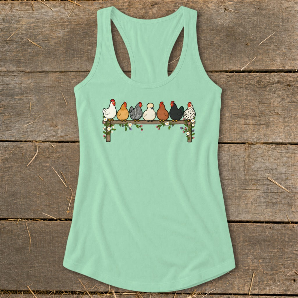 Light green racerback tank top featuring an illustration of seven colorful chickens perched on a fence.