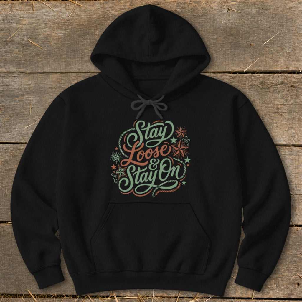 Black hoodie with "Stay Loose & Stay On" text and rope and star graphics.