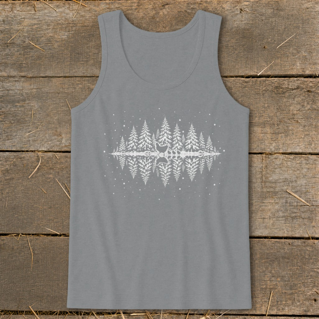 Grey tank top with a white graphic of trees reflected in water and a central abstract shape.