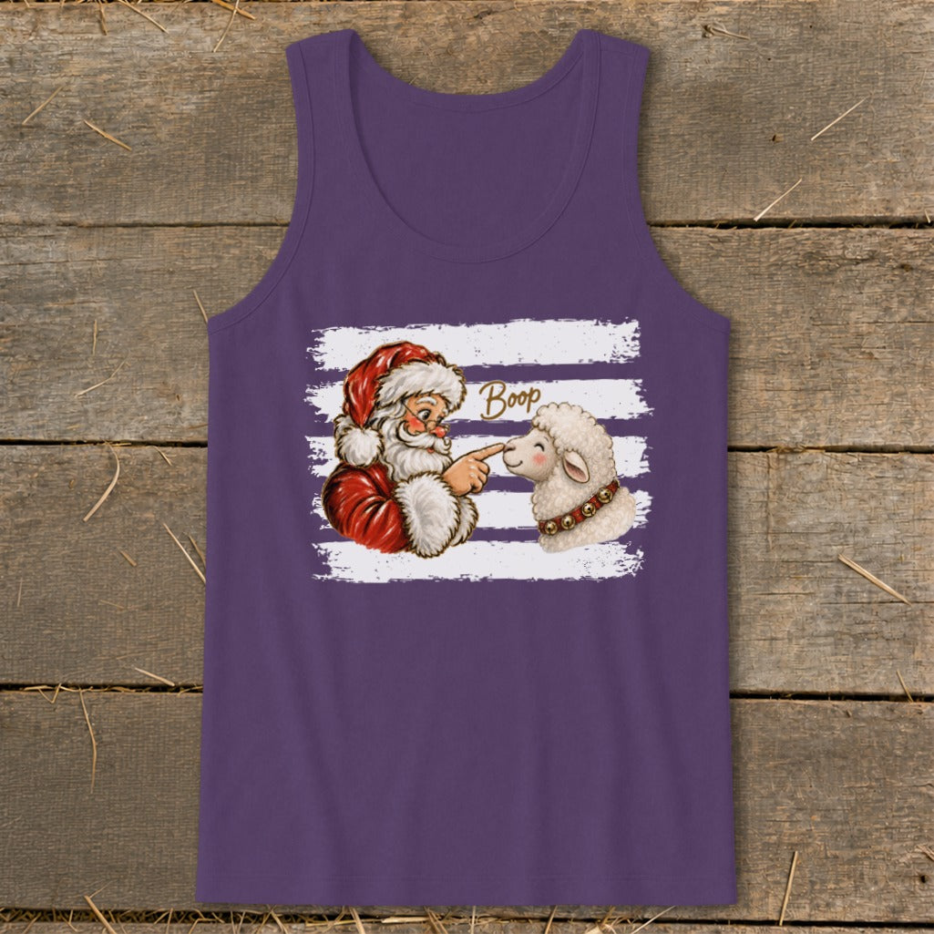 Santa booping a sheep with "Boop" text on a purple tank top.