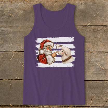 Santa booping a sheep with "Boop" text on a purple tank top.