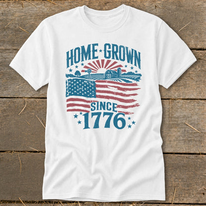 White t-shirt with "Home Grown Since 1776" text and a distressed American flag farm scene.
