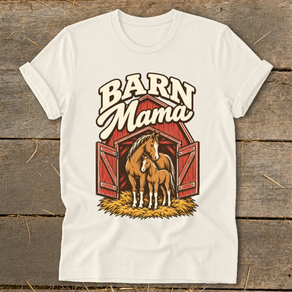 Barn Mama text above a horse and foal inside a red barn illustration.