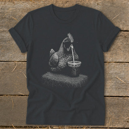 T-shirt with a line drawing of a chicken drinking from a cup with a straw.