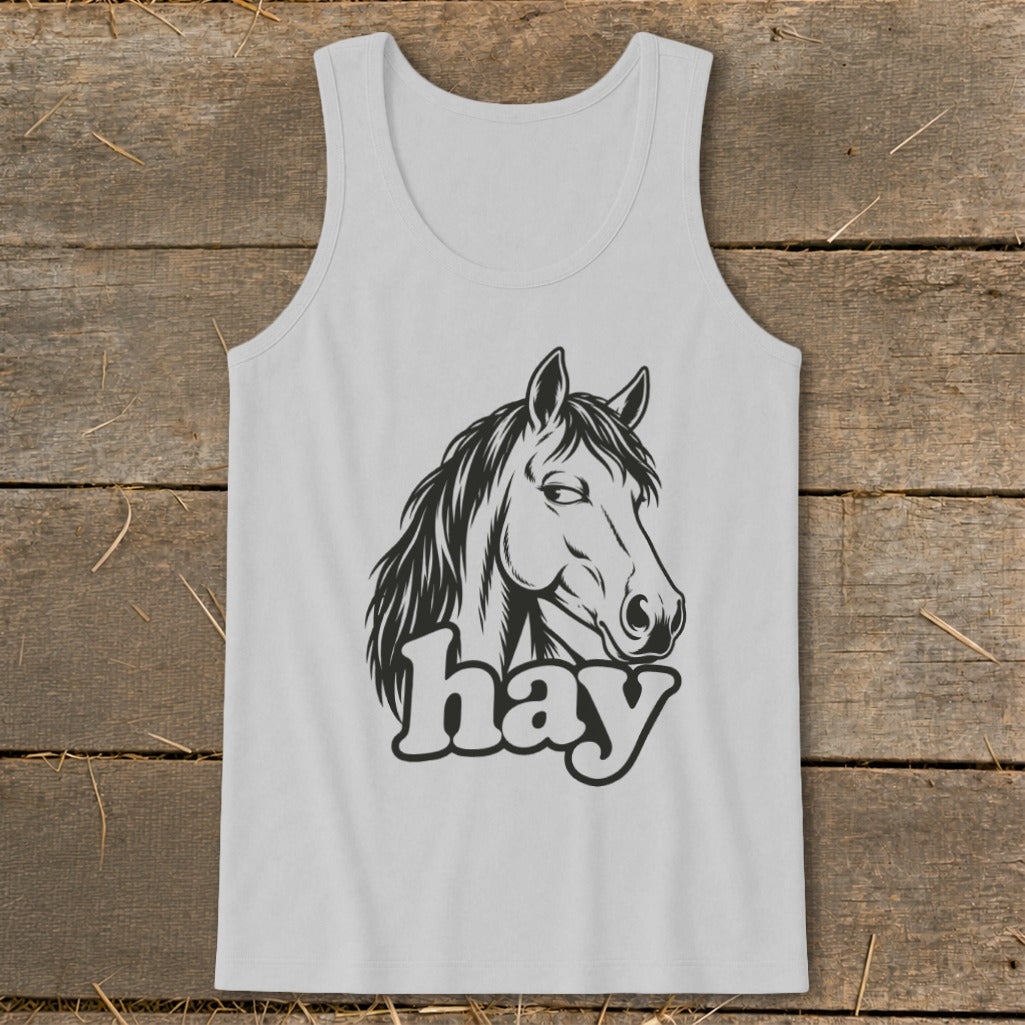 White tank top with black horse head graphic and "hay" text