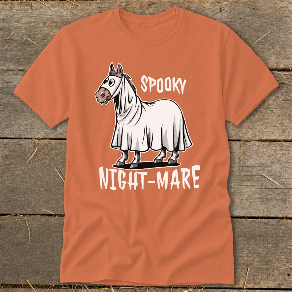 Horse wearing a ghost costume with text "SPOOKY NIGHT-MARE".
