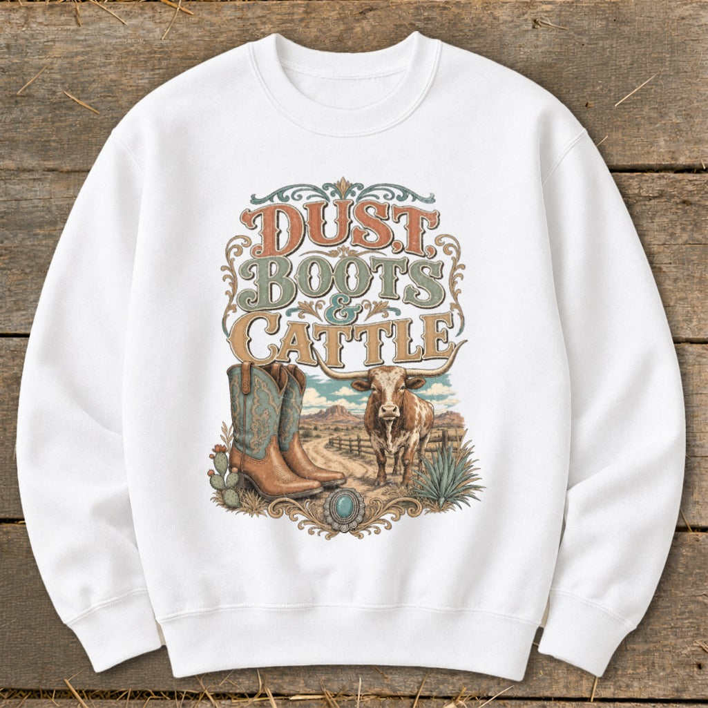 White sweatshirt with "Dust, Boots & Cattle" graphic featuring cowboy boots and longhorn steer.