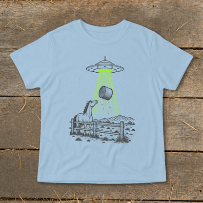 Horse and hay bale being beamed up by a UFO.