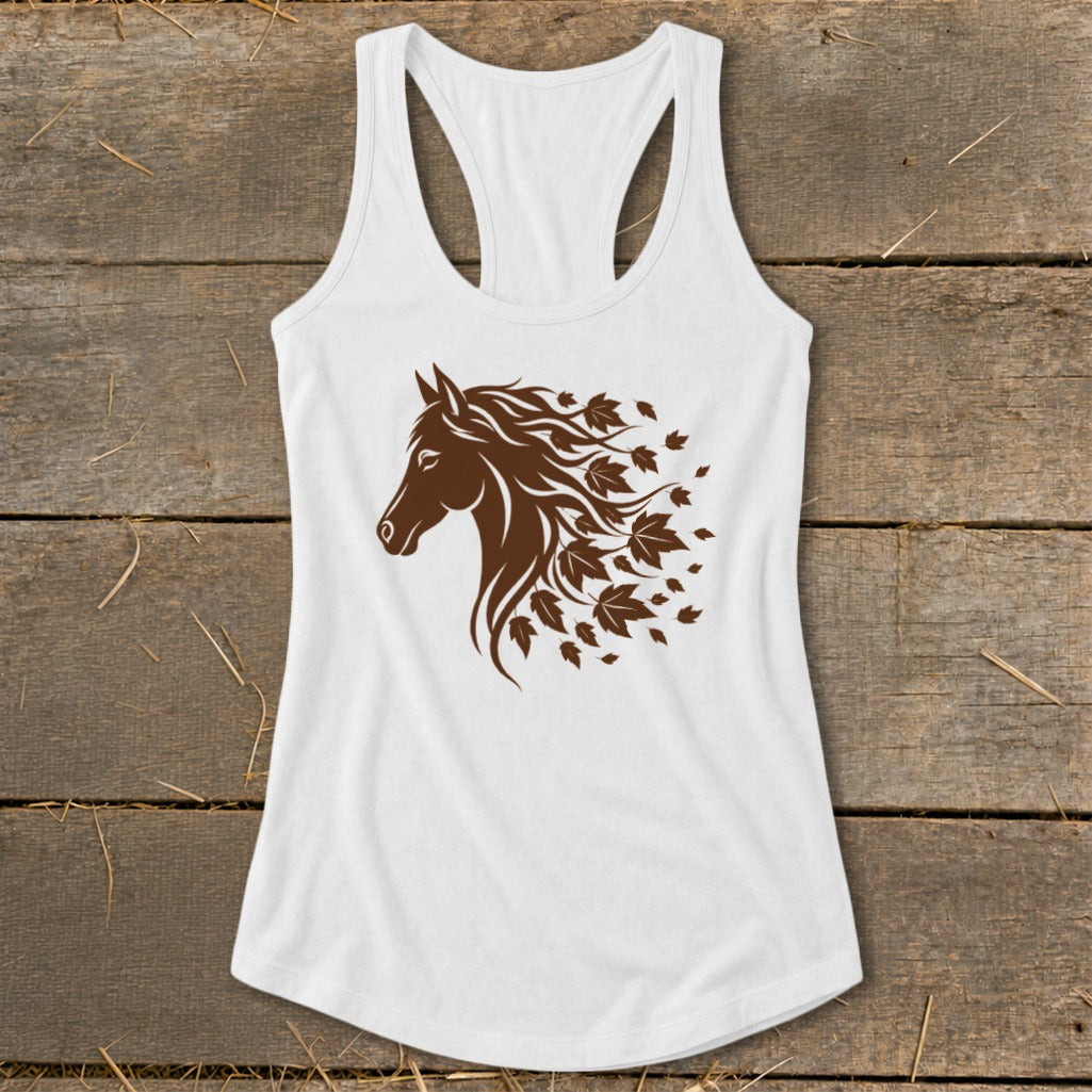 White racerback tank top with a brown horse head and falling leaves graphic.