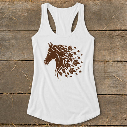 White racerback tank top with a brown horse head and falling leaves graphic.