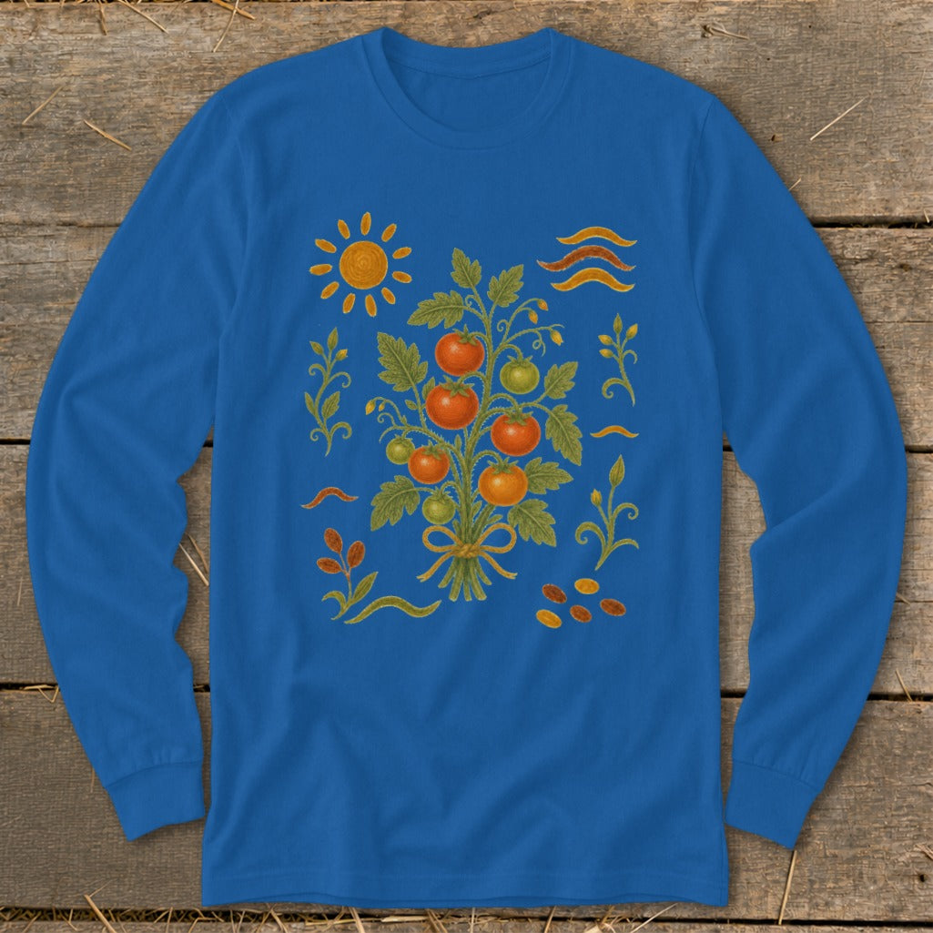 Blue long sleeve shirt with a tomato plant and sun graphic.