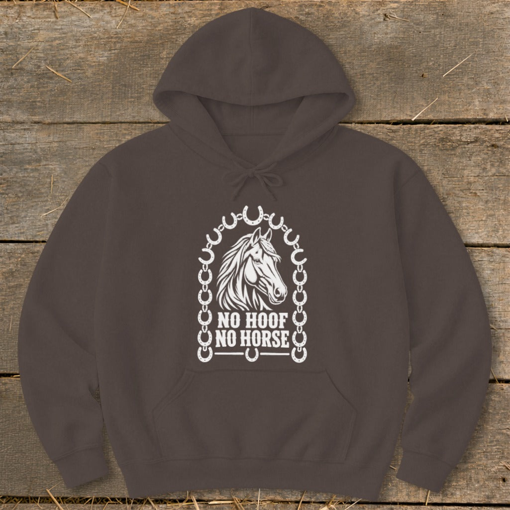 Brown hoodie with white horse head graphic and text "NO HOOF NO HORSE".