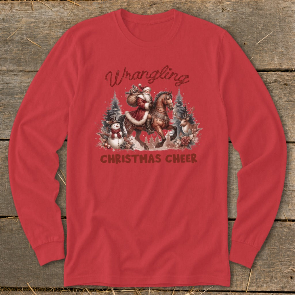 Red long sleeve shirt with Santa on horseback and "Wrangling Christmas Cheer" text.