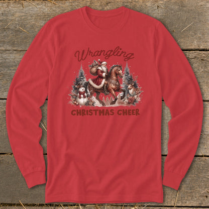 Red long sleeve shirt with Santa on horseback and "Wrangling Christmas Cheer" text.