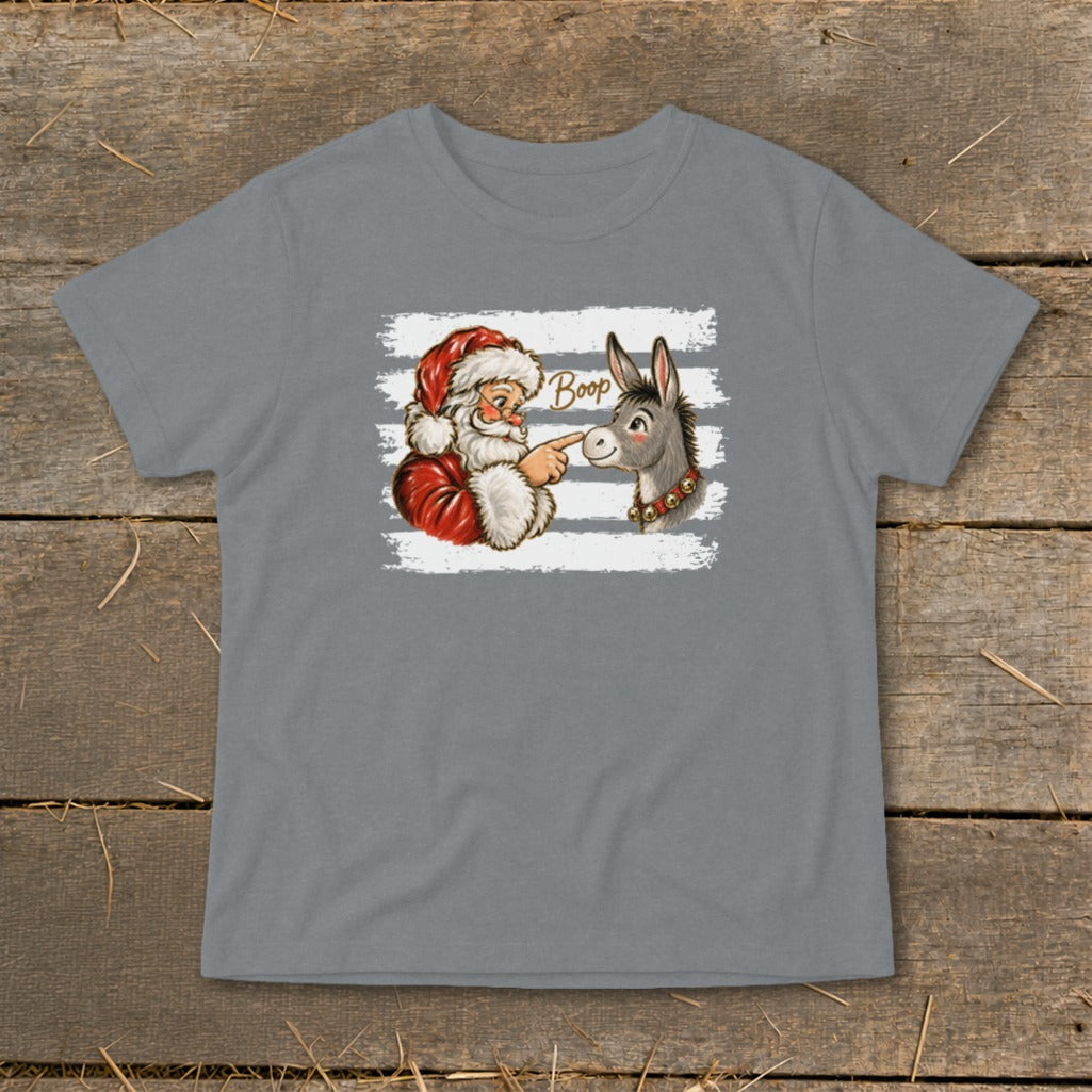 Santa booping a donkey with the word "Boop" above them