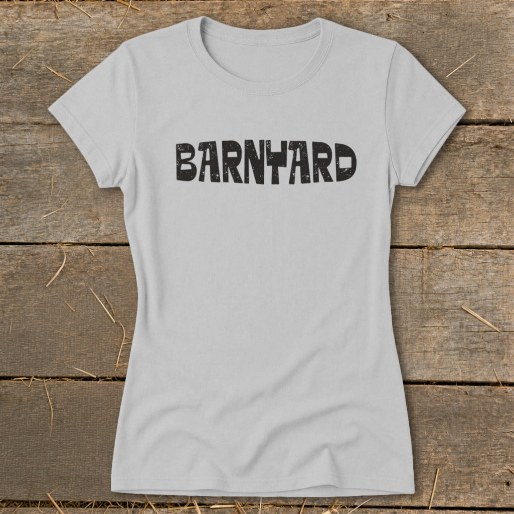 Light gray short-sleeved t-shirt with the word BARNYARD printed in distressed black font across the chest.