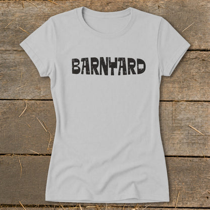 Light gray short-sleeved t-shirt with the word BARNYARD printed in distressed black font across the chest.