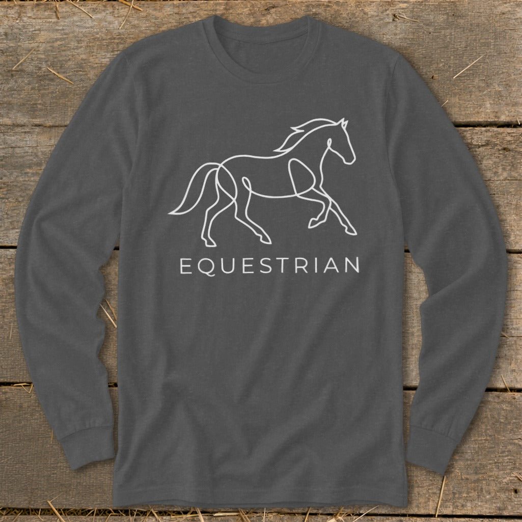 Long-sleeve gray shirt with a white line art horse and "EQUESTRIAN" text.