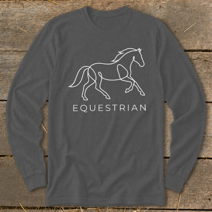 Long-sleeve gray shirt with a white line art horse and "EQUESTRIAN" text.