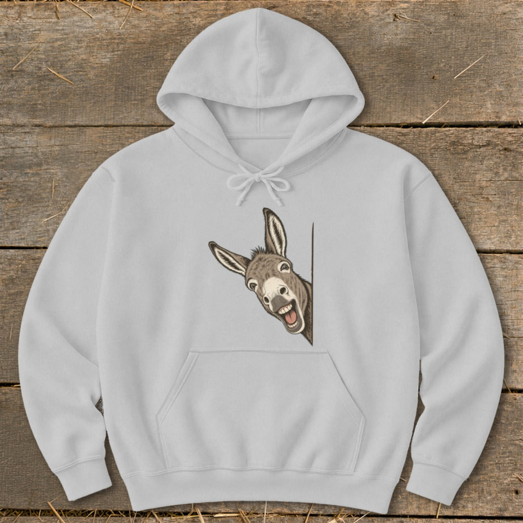 Light grey hoodie with a cartoon donkey peeking from the side.