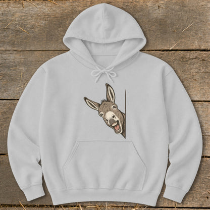 Light grey hoodie with a cartoon donkey peeking from the side.