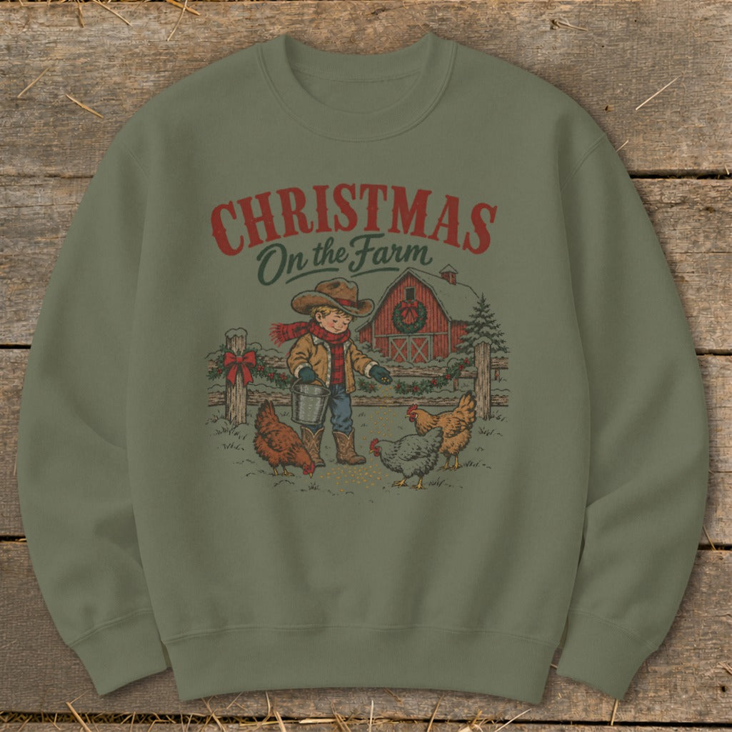 Child feeding chickens on a farm with "Christmas On the Farm" text.