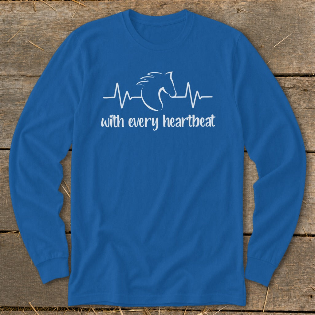 Blue long sleeve shirt with white horse head and heartbeat graphic and text.